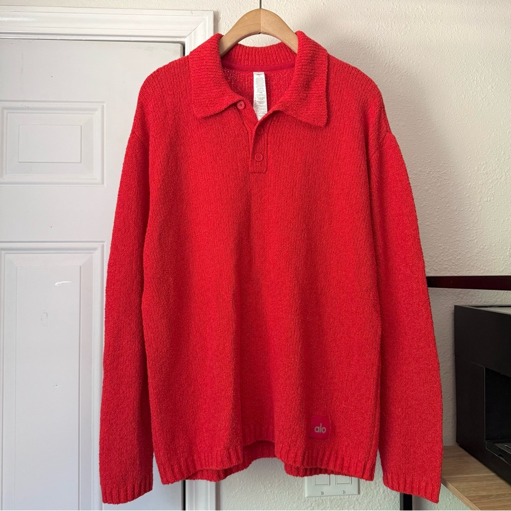 NWT ALO YOGA red cotton blend chunky knit polo popover pullover sweater